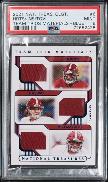 2021 HURTS/JONES/TAGOVALOA NAT TREAS. TEAM TRIOS MATERIALS- BLUE - PSA 9 MINT