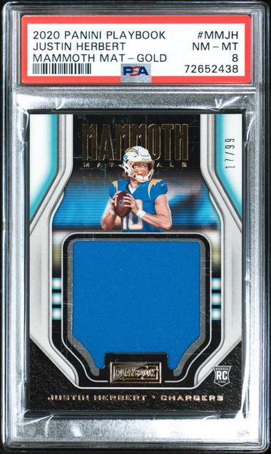 2020 JUSTIN HERBERT PANINI PLAYBOOK MAMMOTH MAT- GOLD 17/99 - PSA 8 NM-MT