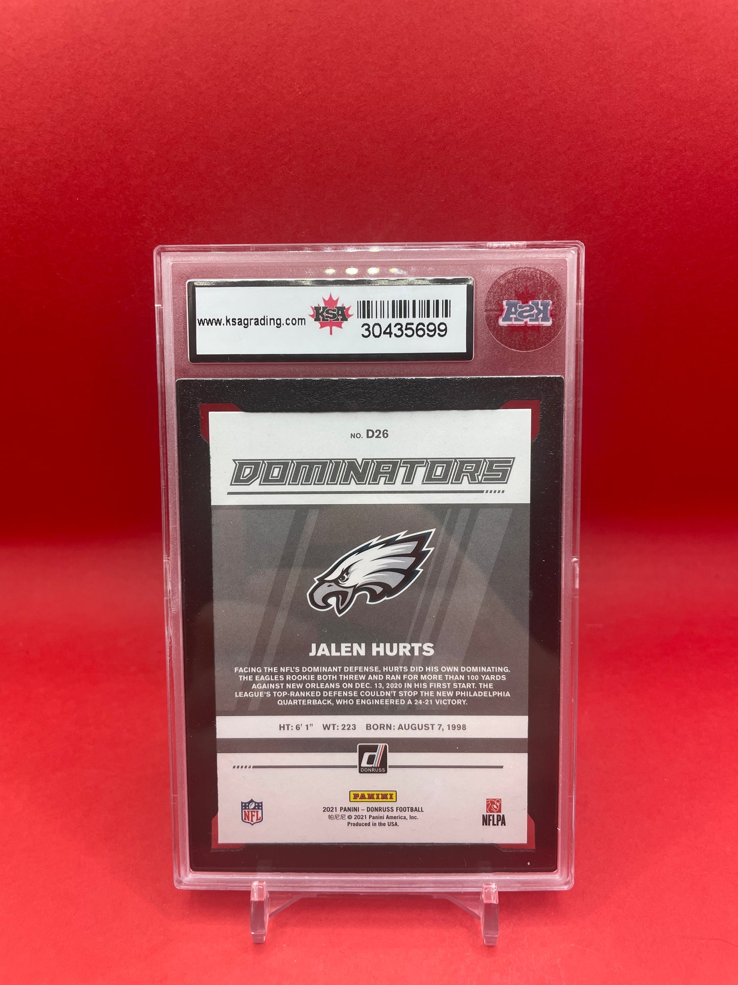 2021 JALEN HURTS PANINI DONRUSS DOMINATORS- KSA 10 GEM MINT