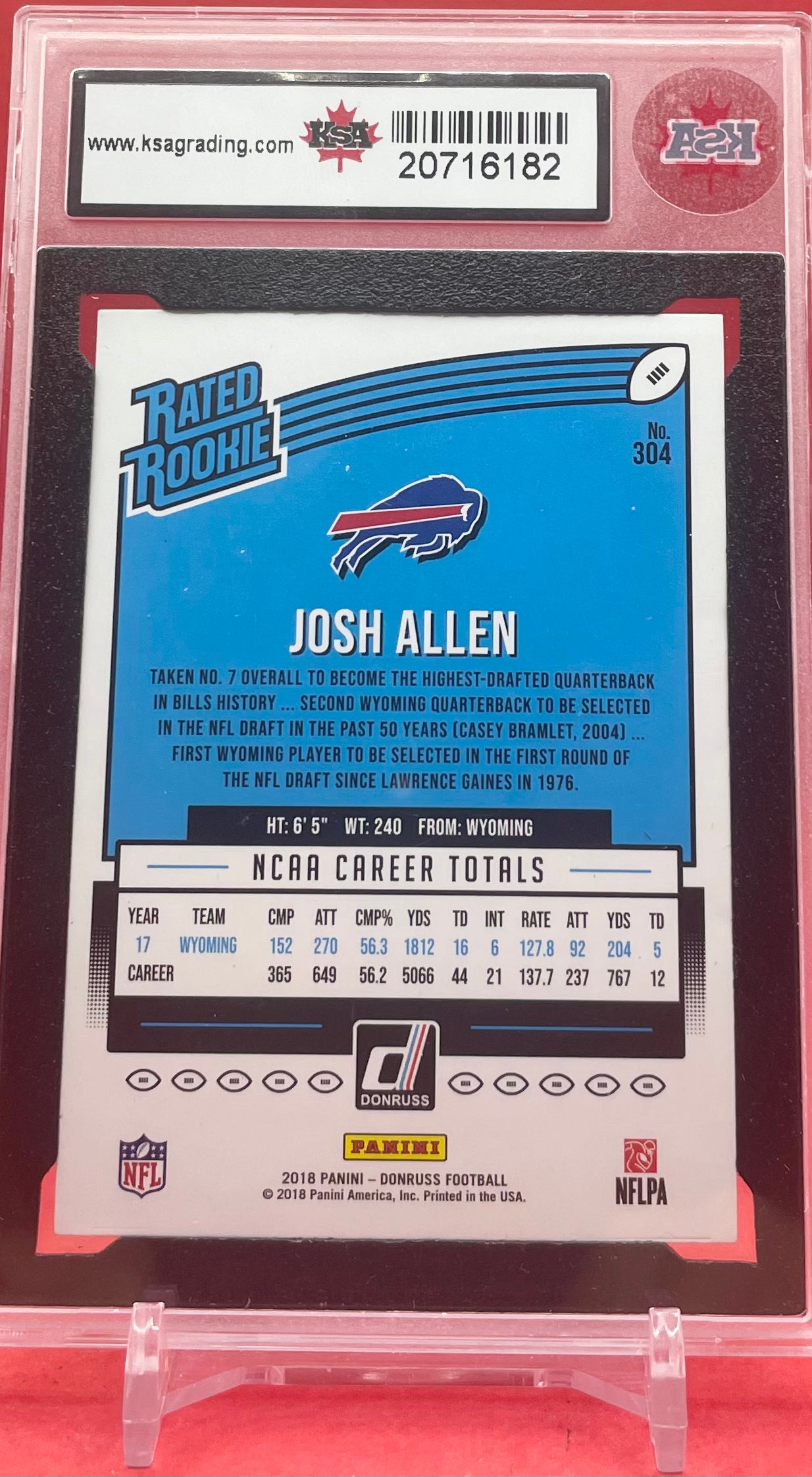 2018 #304 JOSH ALLEN RATED ROOKIE PRESS PROOF BLUE - KSA 8 NMM