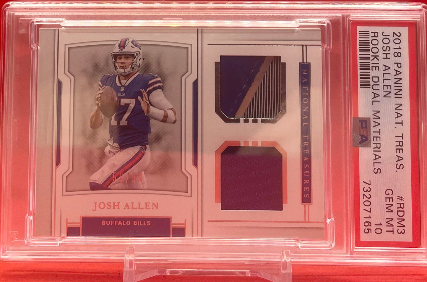 2018 JOSH ALLEN NATIONAL TREASURES ROOKIE DUAL MATERIALS /99 POP 3 NONE HIGHER - PSA 10 GEM MT