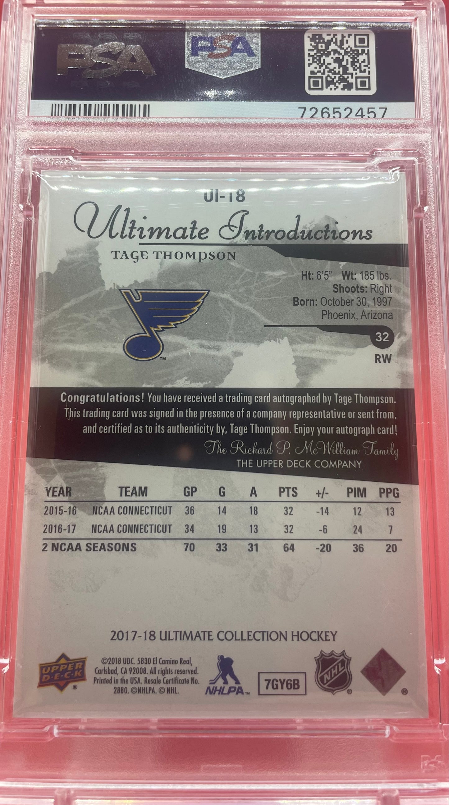 2017 TAGE THOMPSON ULTIMATE COLL. ULT. INTRO- GD.SPEC.AU 96/99- PSA 7 NM