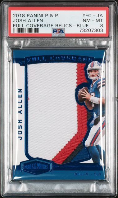 2018 JOSH ALLEN PANINI P & P FULL COVERAGE RELICS- BLUE- PSA 8 MT-NM