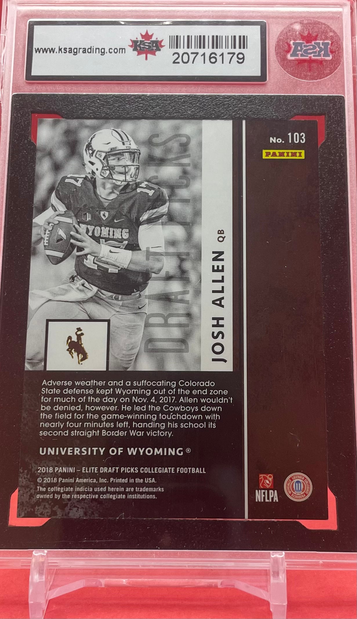 2018 #103 JOSH ALLEN PANINI ELITE DP COLLEGIATE ASPIRATIONS PURPLE 63/99 - KSA 8.5 NMM+