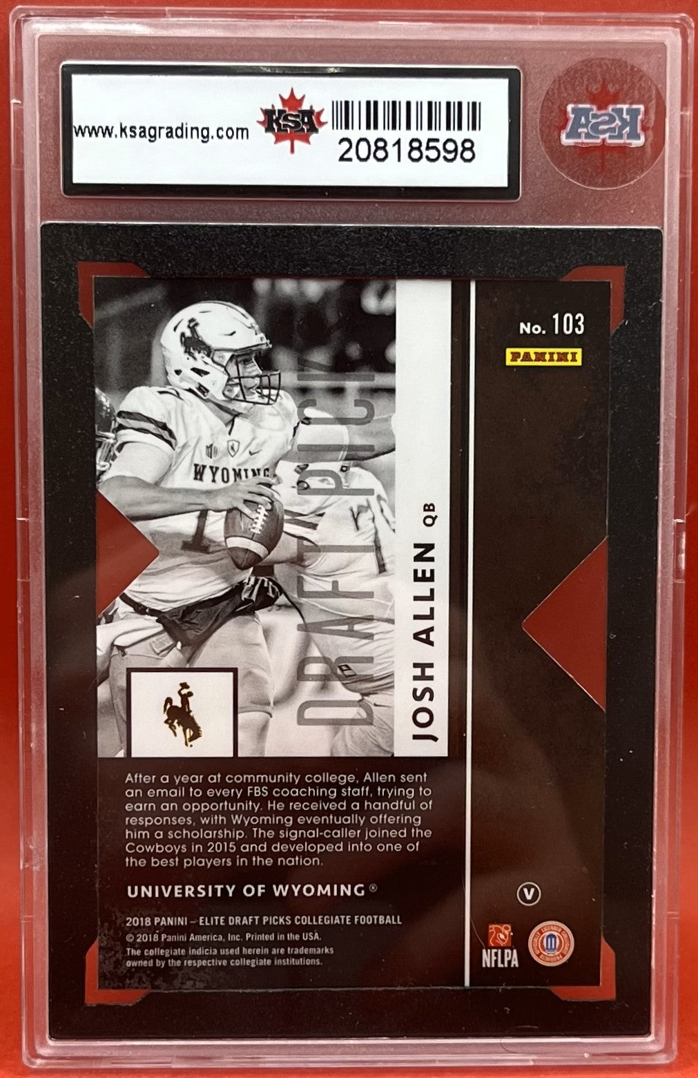 2018 #103 JOSH ALLEN PANINI ELITE DP COLLEGIATE PURPLE 56/99 - KSA 8.5 NMM+