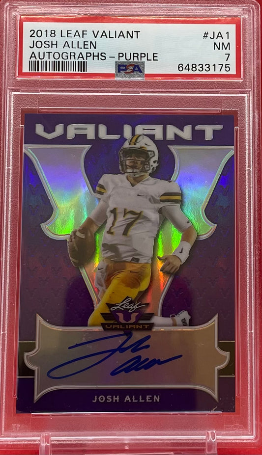 2018 #JA1 JOSH ALLEN LEAF VALIANT AUTO PURPLE 2/15 - PSA 7 NM