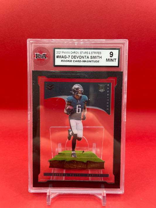 2021 DEVONTA SMITH PANINI CHRON. STARS & STRIPES ROOKIE CARD-MAGNITUDE- KSA 9 MINT