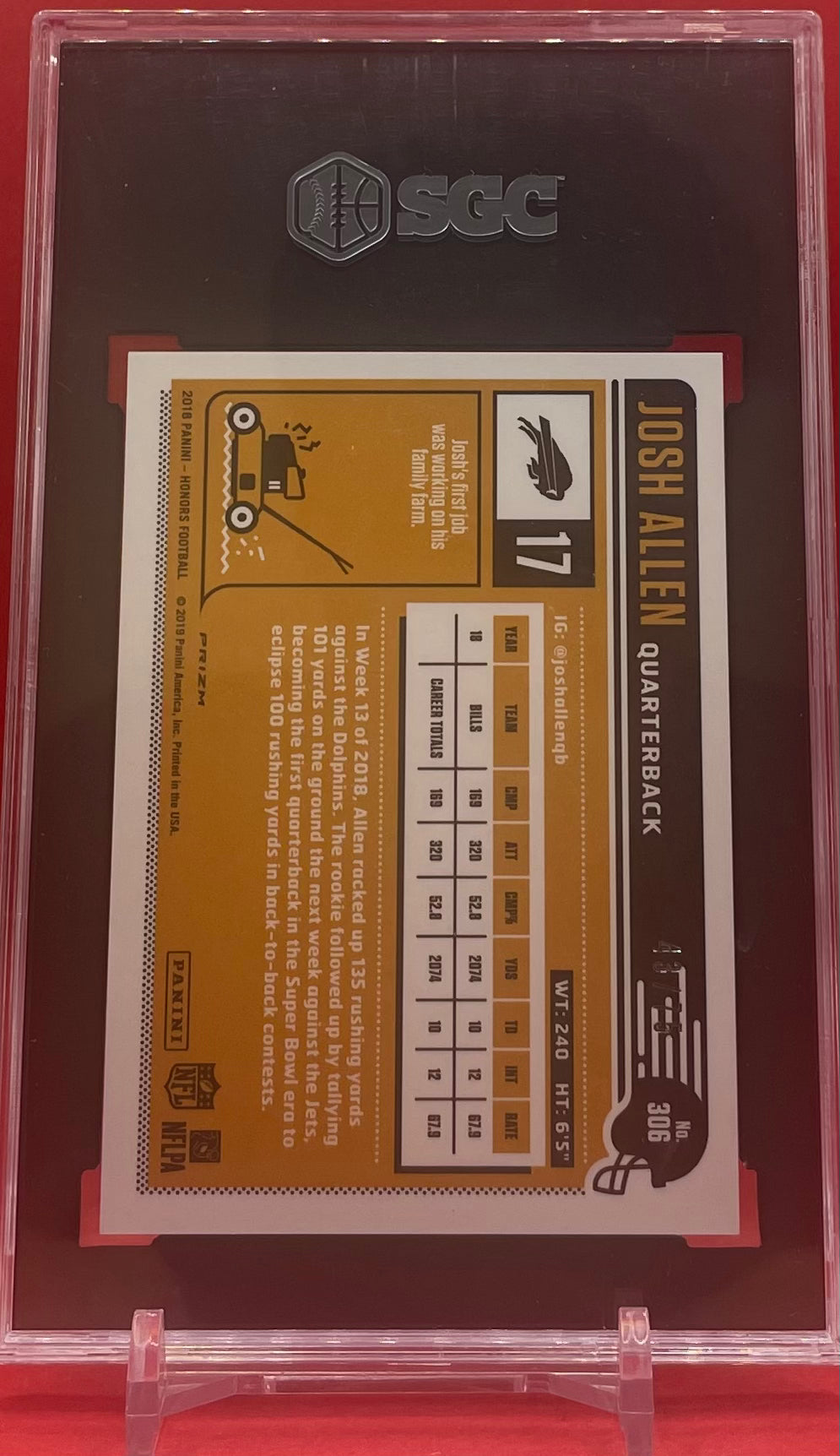 2018 #306 JOSH ALLEN PANINI CLASSICS 43/75 - SGC 9.5 MT+