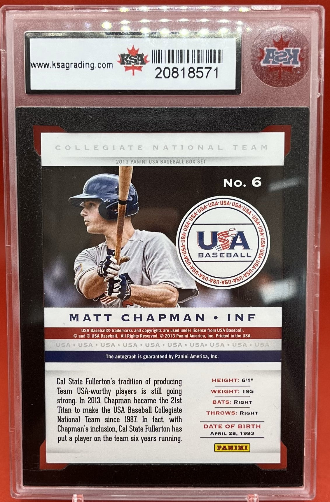 2013 #6 MATT CHAPMAN PANINI USA BOX SET AUTO - KSA 9 MINT