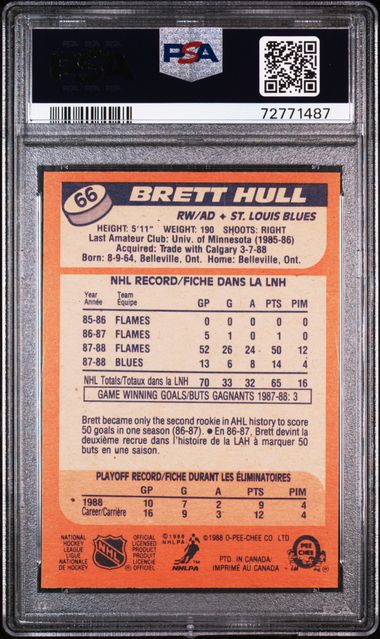 1988 BRETT HULL O-PEE-CHEE HOF RC- PSA 7 NM