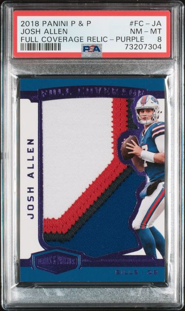 2018 JOSH ALLEN PANINI P & P FULL COVERAGE RELIC- PURPLE- PSA 8 NM-MT