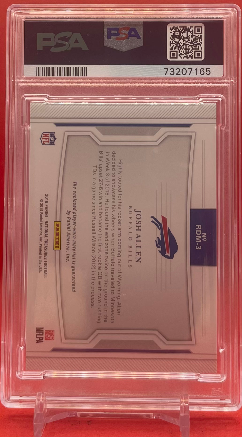 2018 JOSH ALLEN NATIONAL TREASURES ROOKIE DUAL MATERIALS /99 POP 3 NONE HIGHER - PSA 10 GEM MT