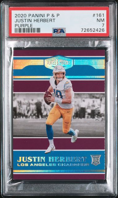 2020 JUSTIN HERBERT PANINI P&P PURPLE UNDER-GRADED 27/35 - PSA 7 NM