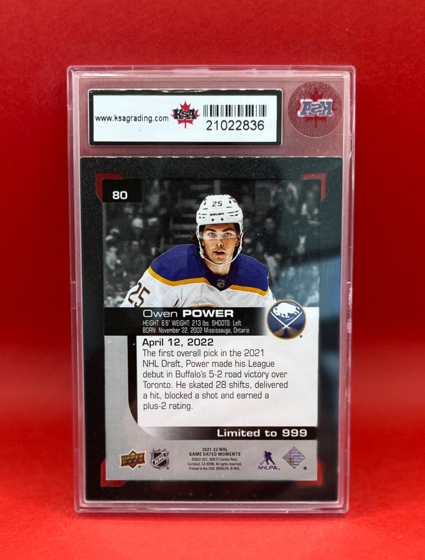 2021-22 #80 OWEN POWER UD ROOKIE DEBUT - KSA 9.5 NGM