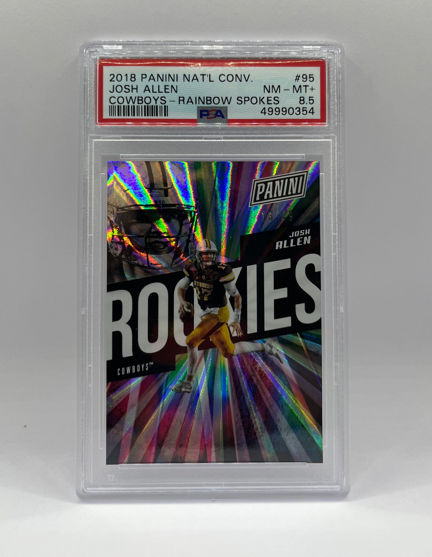 2018 #95 JOSH ALLEN PANINI NATIONAL RAINBOW SPOKES 13/49 - PSA 8.5 NM-MT+